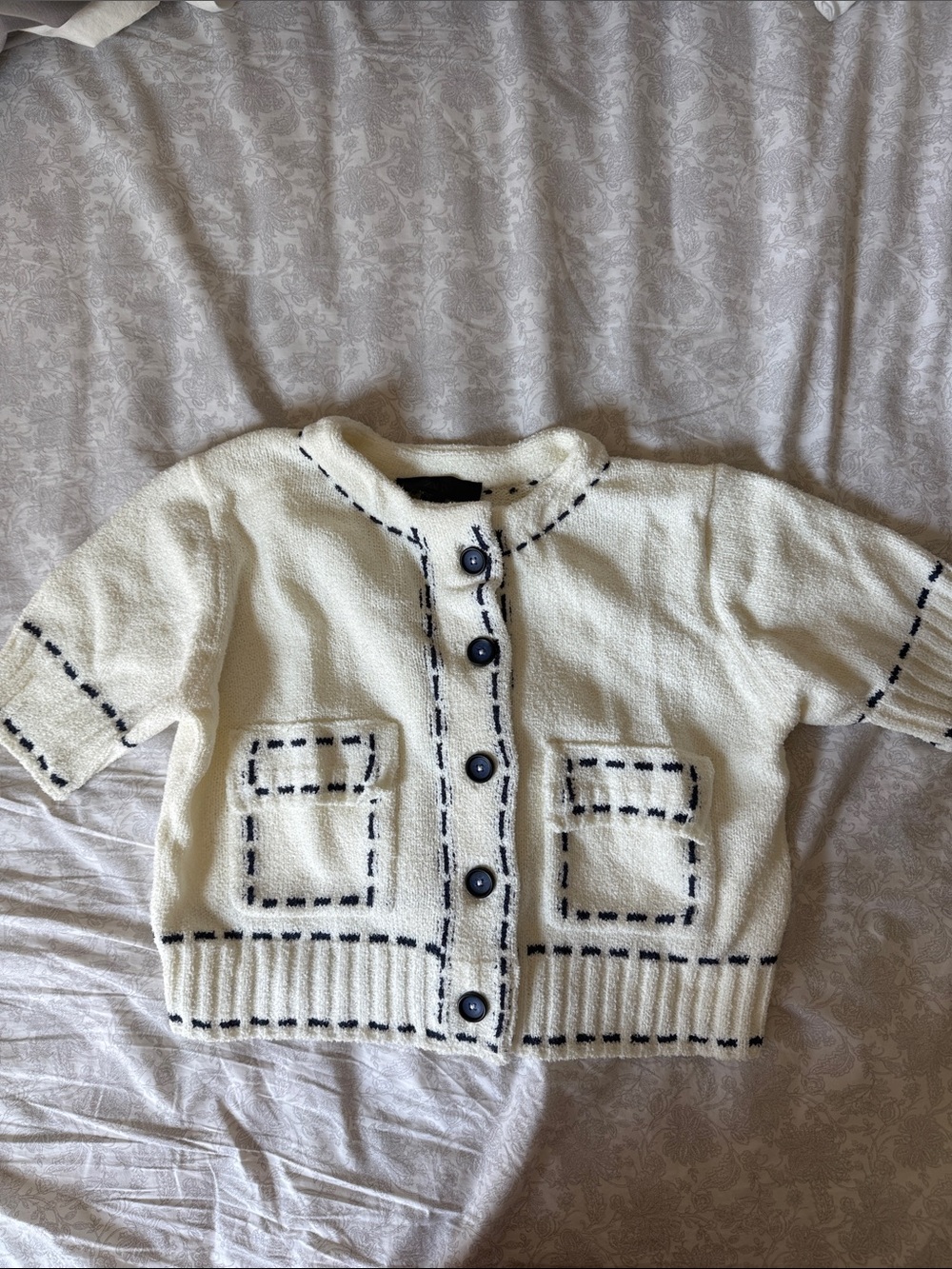 Zara Cream Cropped Cardigan with Navy Stitching